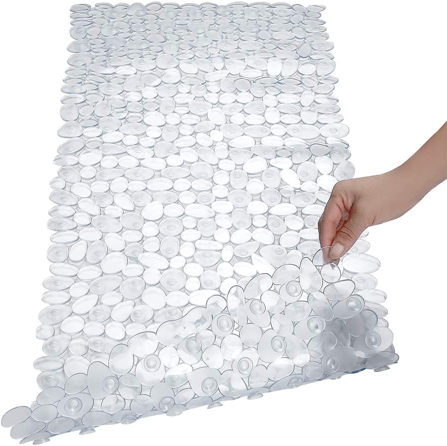 Eyrmat Non-Slip Pebble Bathtub Mat, Black, 16 x 35 Inches, with Drain Holes and Suction Cups, for Smooth Tubs