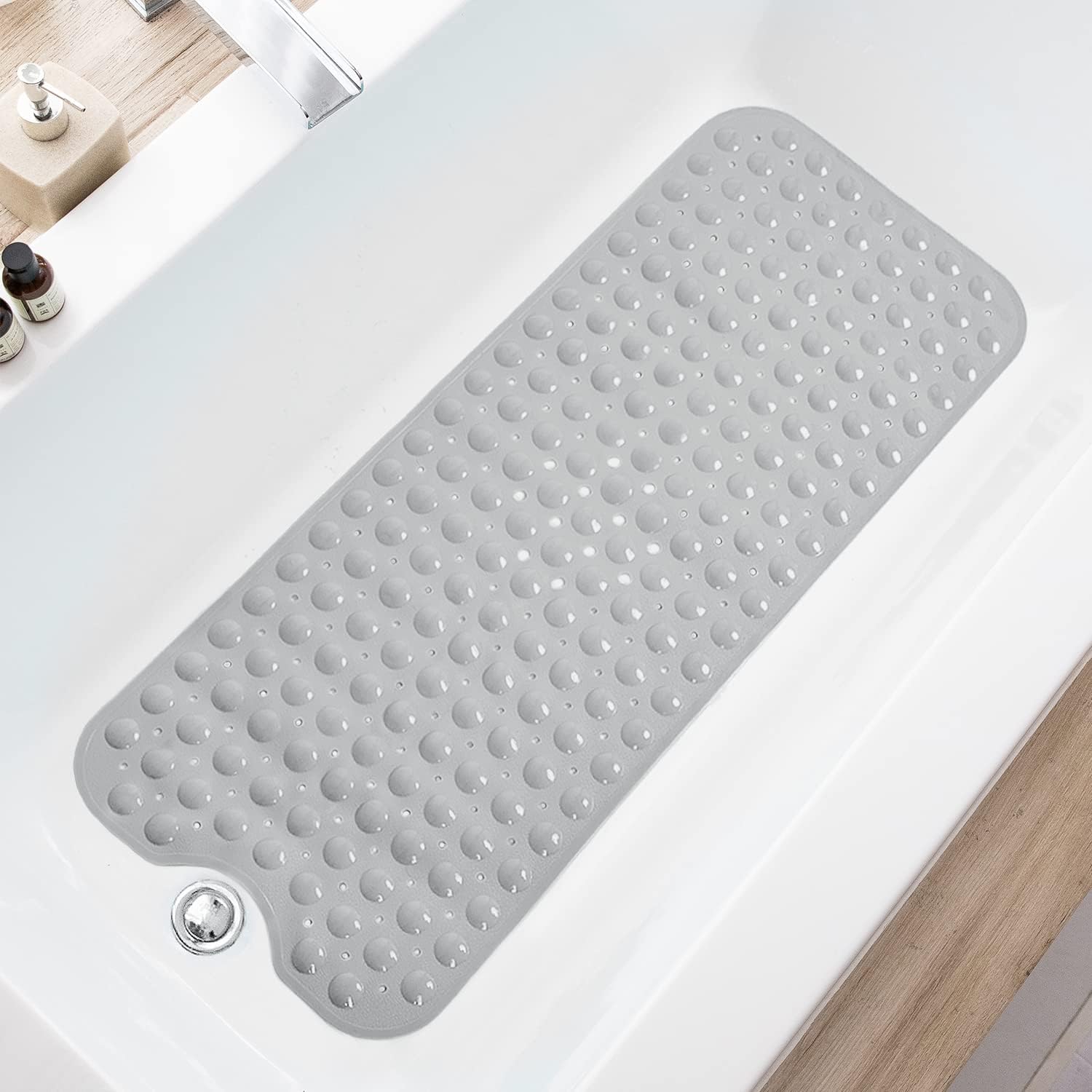 Eyrmat Non-Slip Bathtub Mat, Extra Long, with Drain Holes and Suction Cups, Machine Washable, Clear Grey, 39 x 16 Inches