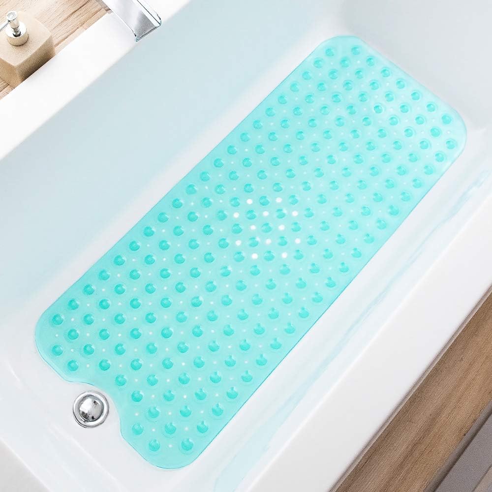 Eyrmat Non-Slip Bathtub Mat, Extra Long, with Drain Holes and Suction Cups, Machine Washable, Clear Grey, 39 x 16 Inches
