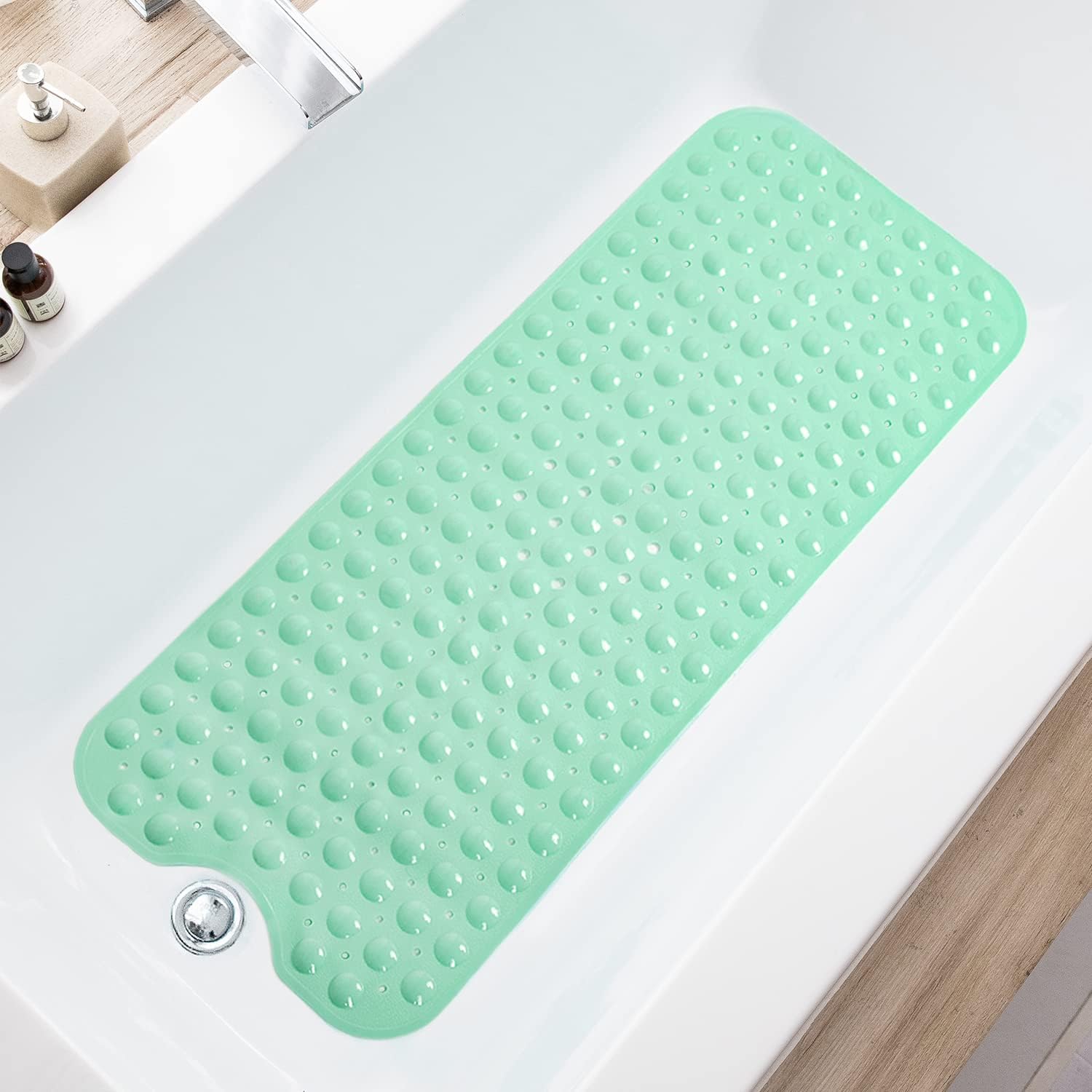 Eyrmat Non-Slip Bathtub Mat, Extra Long, with Drain Holes and Suction Cups, Machine Washable, Clear Grey, 39 x 16 Inches