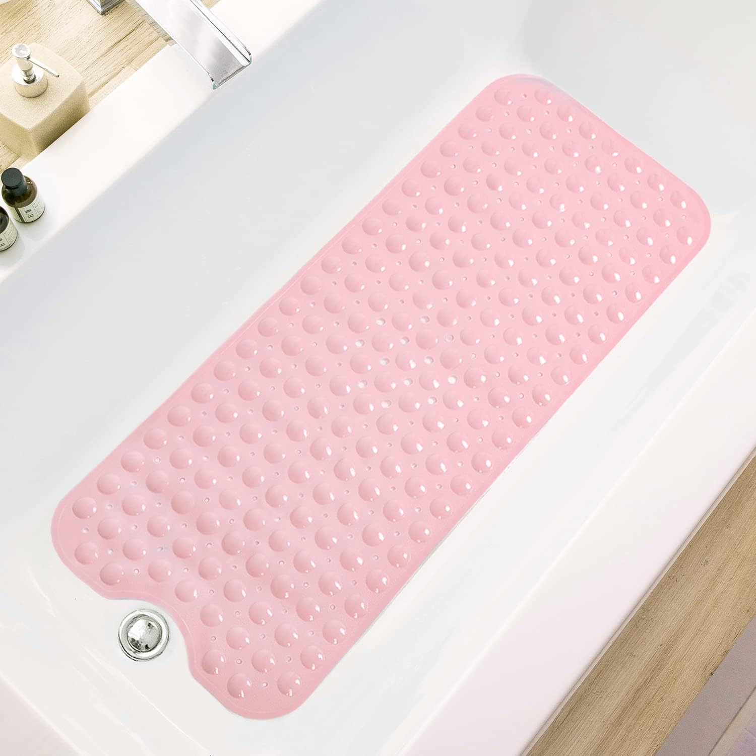 Eyrmat Non-Slip Bathtub Mat, Extra Long, with Drain Holes and Suction Cups, Machine Washable, Clear Grey, 39 x 16 Inches
