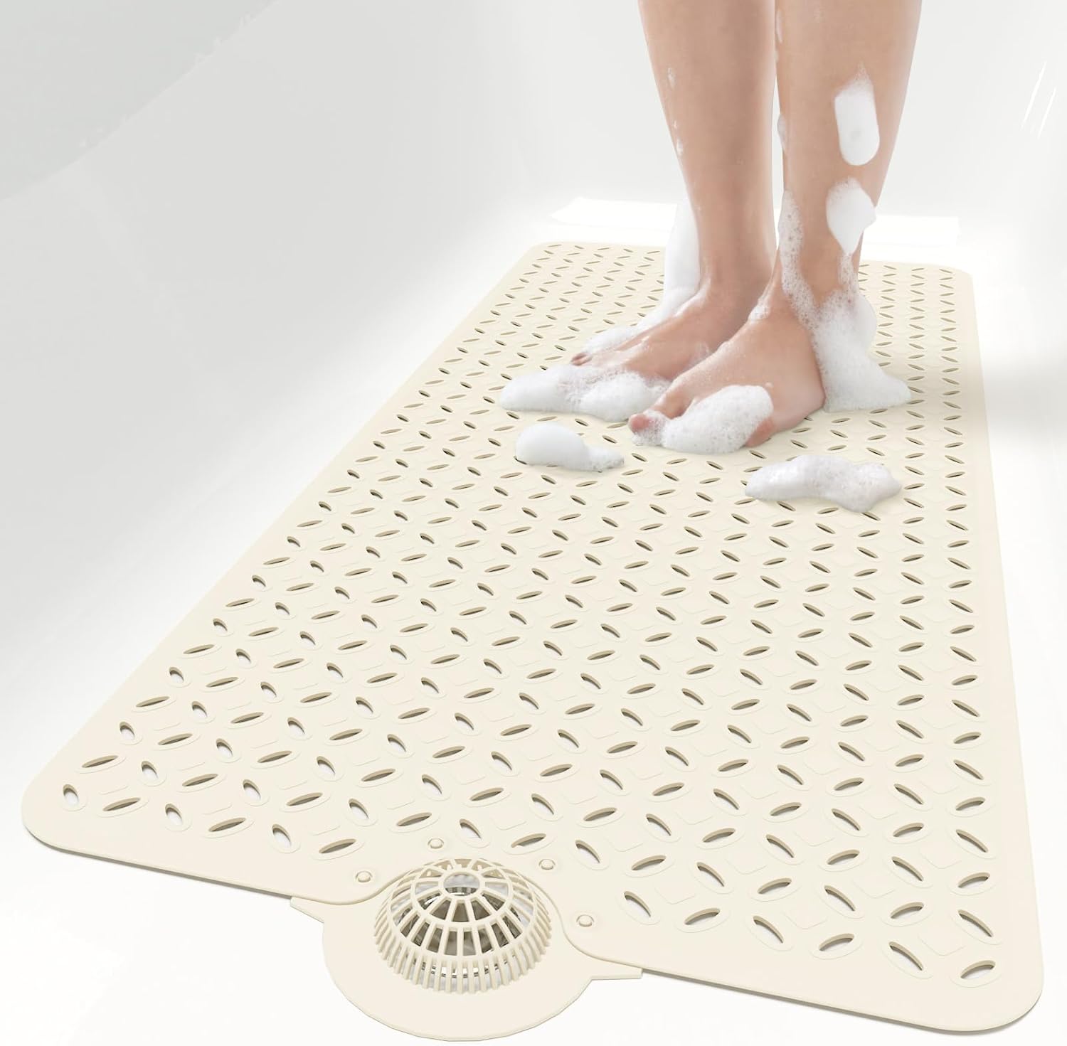 Eyrmat Non-Slip Bathtub Mat, with Hair Catcher and Large Drain Holes, Machine Washable, Grey, 39 x 17 Inches