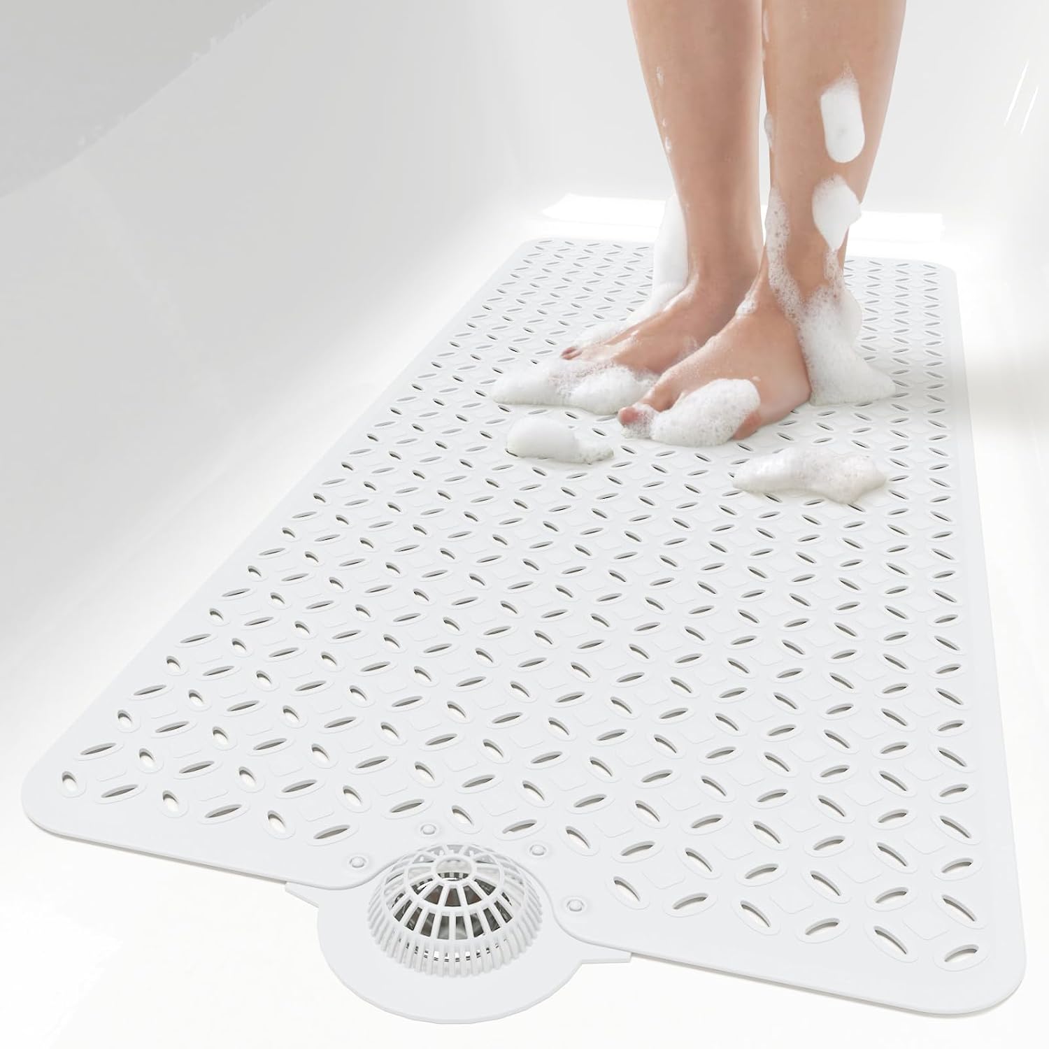 Eyrmat Non-Slip Bathtub Mat, with Hair Catcher and Large Drain Holes, Machine Washable, Grey, 39 x 17 Inches