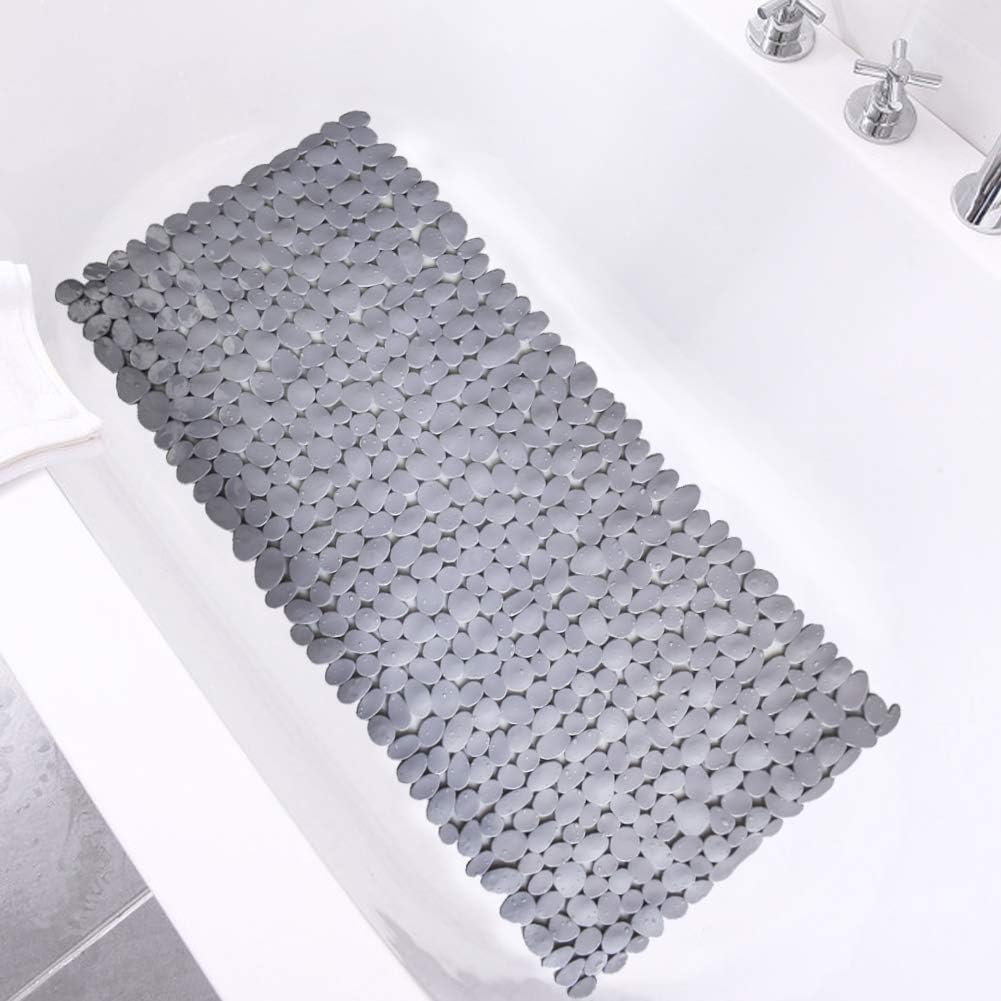 Eyrmat Non-Slip Pebble Bathtub Mat, Black, 16 x 35 Inches, with Drain Holes and Suction Cups, for Smooth Tubs