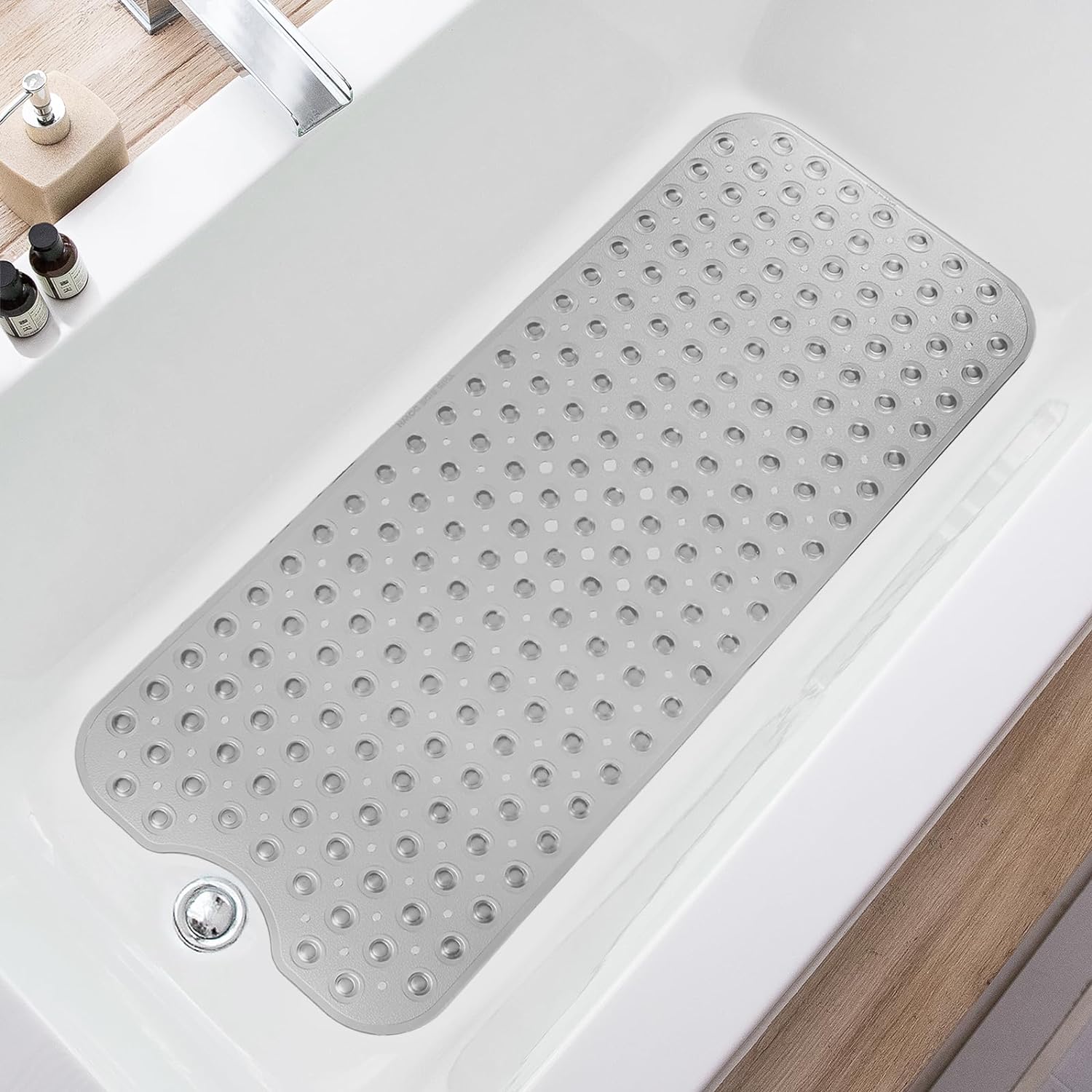 Eyrmat Non-Slip Bathtub Mat, Extra Long, with Drain Holes and Suction Cups, Machine Washable, Clear Grey, 39 x 16 Inches
