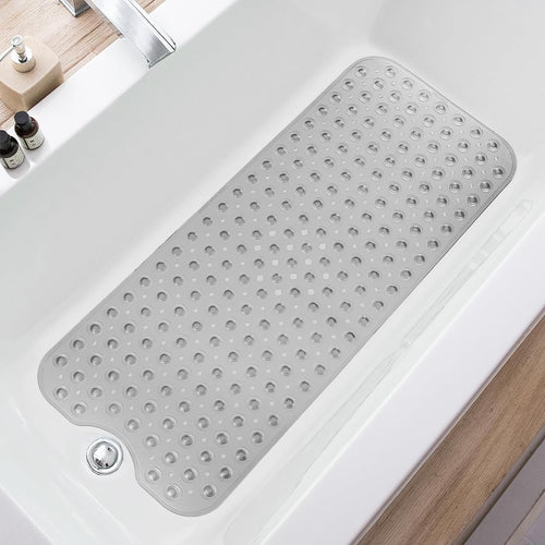 Eyrmat Non-Slip Bathtub Mat, Extra Long, with Drain Holes and Suction Cups, Machine Washable, Clear Grey, 39 x 16 Inches