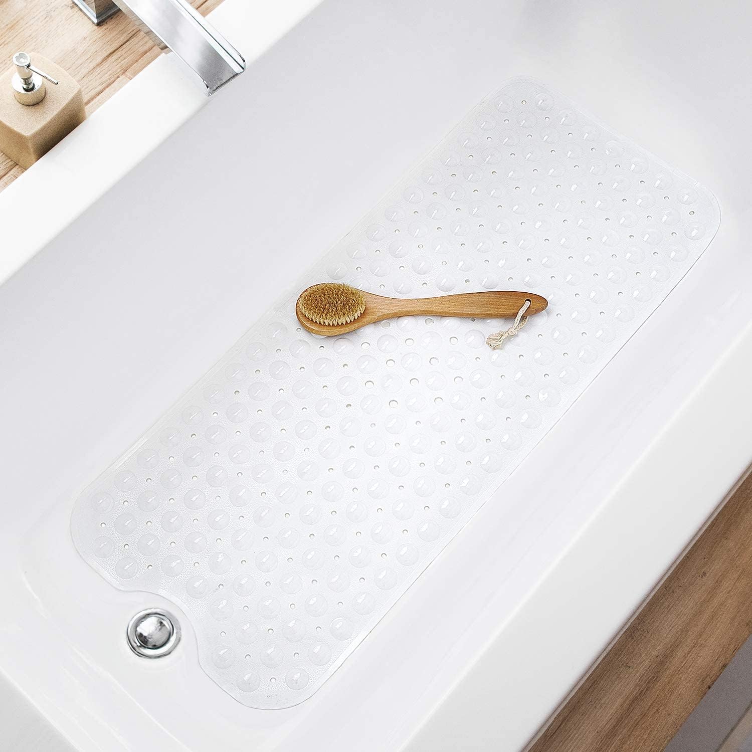 Eyrmat Non-Slip Bathtub Mat, Extra Long, with Drain Holes and Suction Cups, Machine Washable, Clear Grey, 39 x 16 Inches