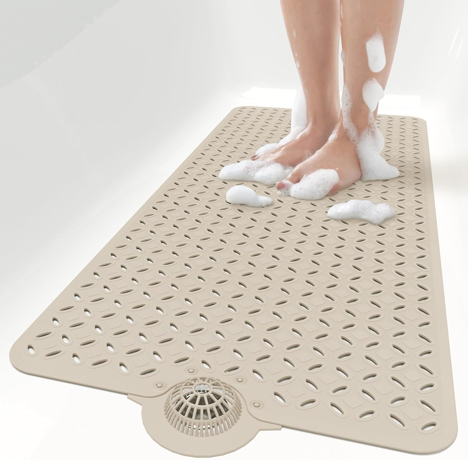 Eyrmat Non-Slip Bathtub Mat, with Hair Catcher and Large Drain Holes, Machine Washable, Grey, 39 x 17 Inches
