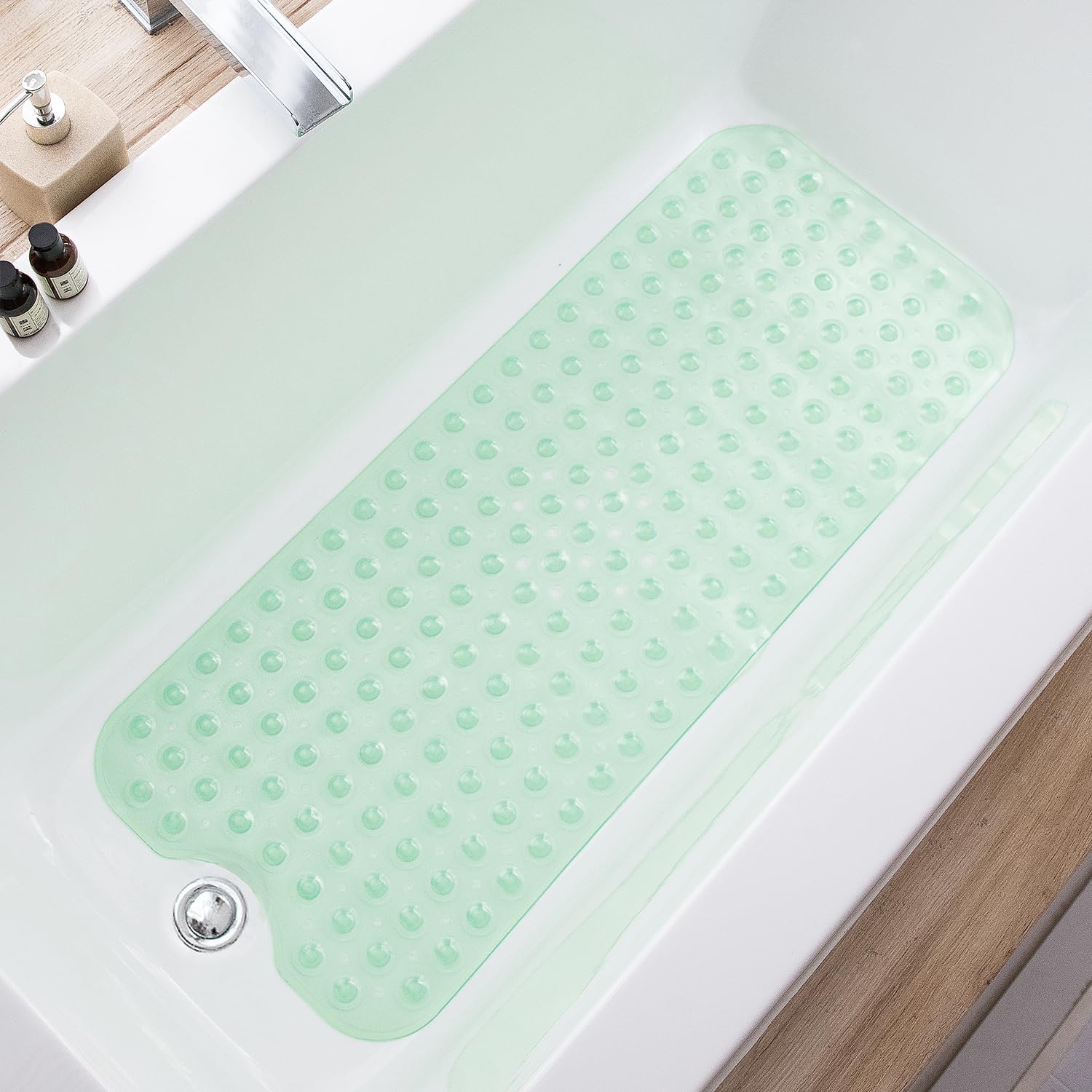 Eyrmat Non-Slip Bathtub Mat, Extra Long, with Drain Holes and Suction Cups, Machine Washable, Clear Grey, 39 x 16 Inches