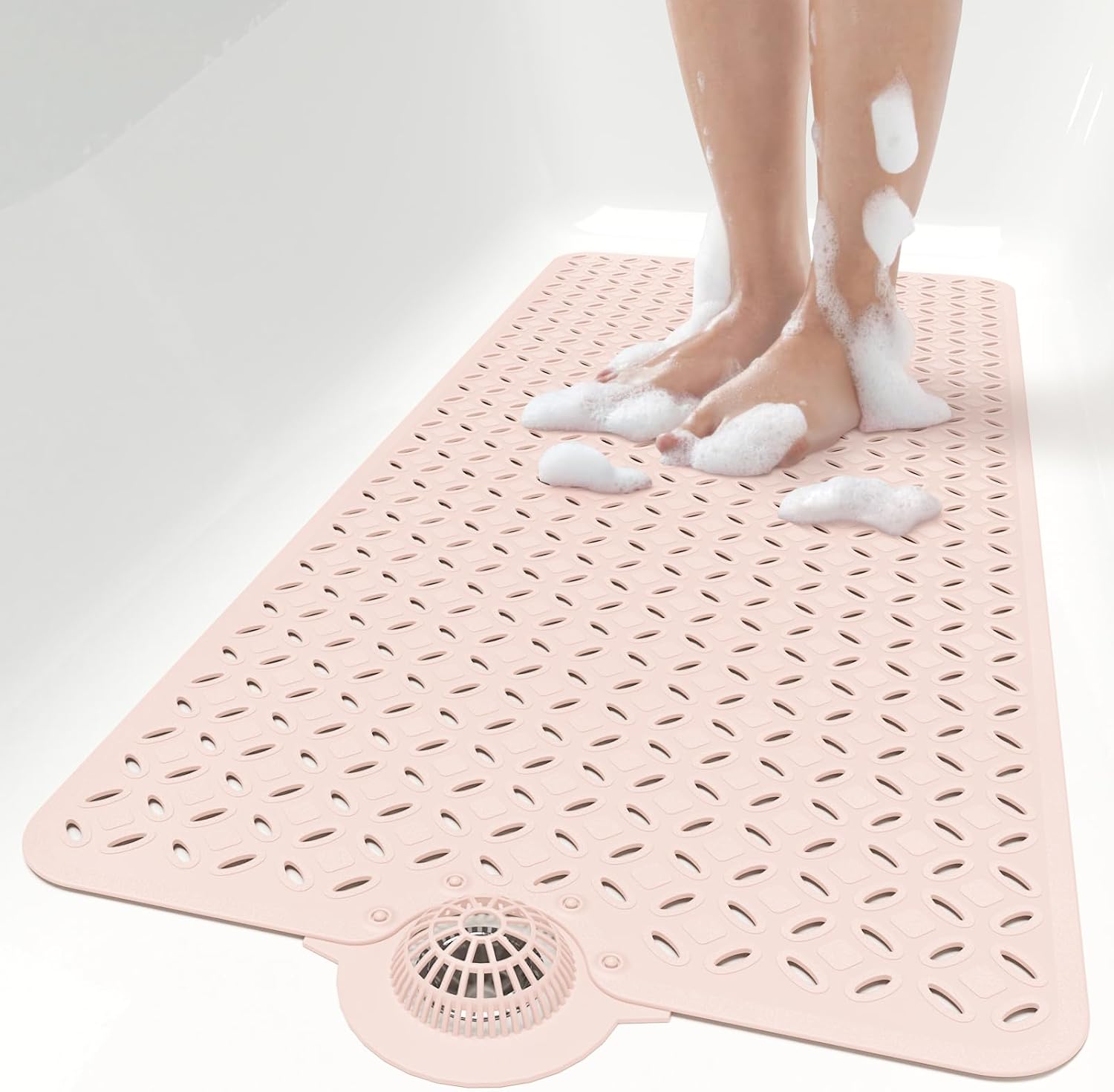 Eyrmat Non-Slip Bathtub Mat, with Hair Catcher and Large Drain Holes, Machine Washable, Grey, 39 x 17 Inches