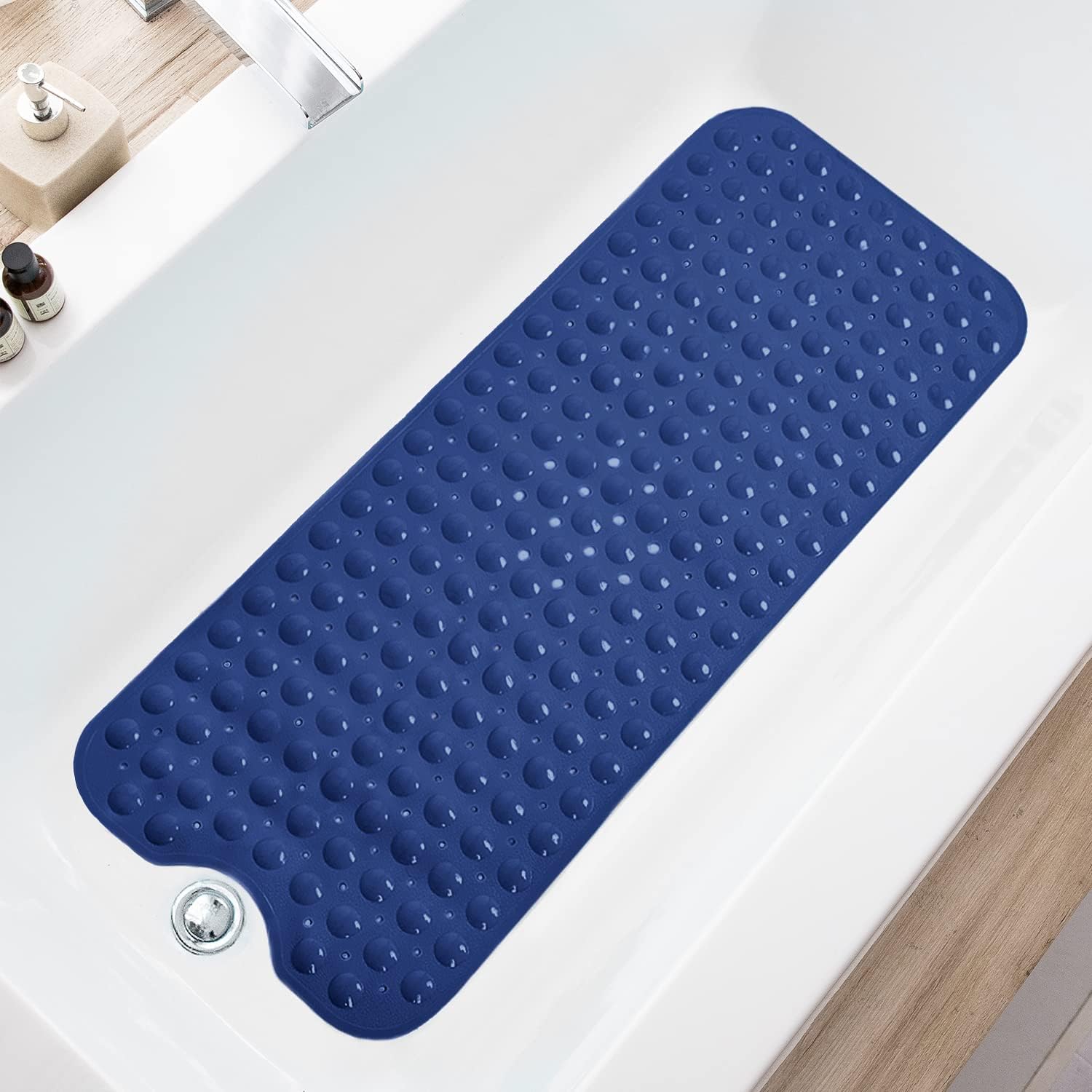 Eyrmat Non-Slip Bathtub Mat, Extra Long, with Drain Holes and Suction Cups, Machine Washable, Clear Grey, 39 x 16 Inches