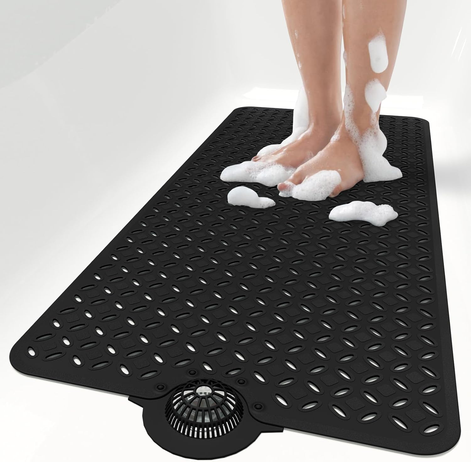 Eyrmat Non-Slip Bathtub Mat, with Hair Catcher and Large Drain Holes, Machine Washable, Grey, 39 x 17 Inches