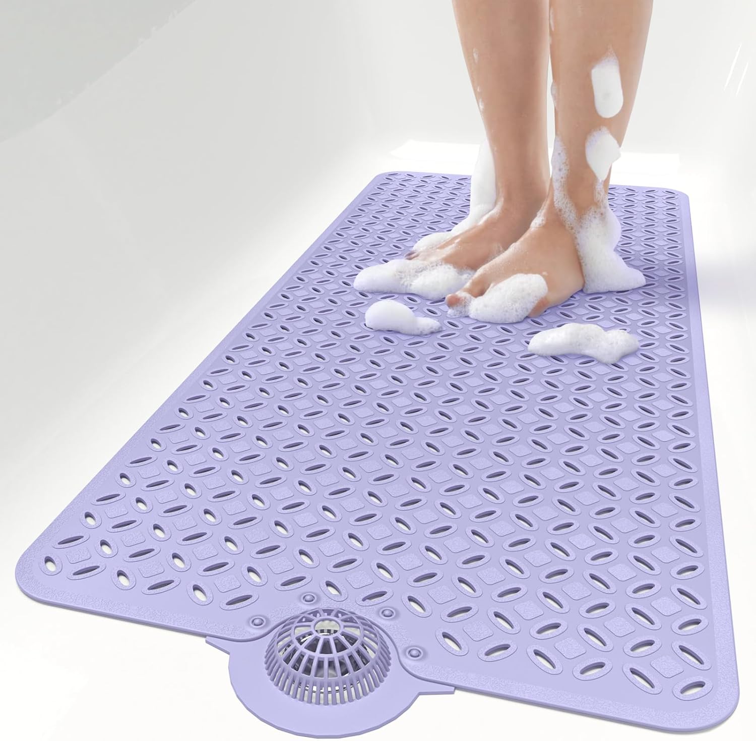Eyrmat Non-Slip Bathtub Mat, with Hair Catcher and Large Drain Holes, Machine Washable, Grey, 39 x 17 Inches