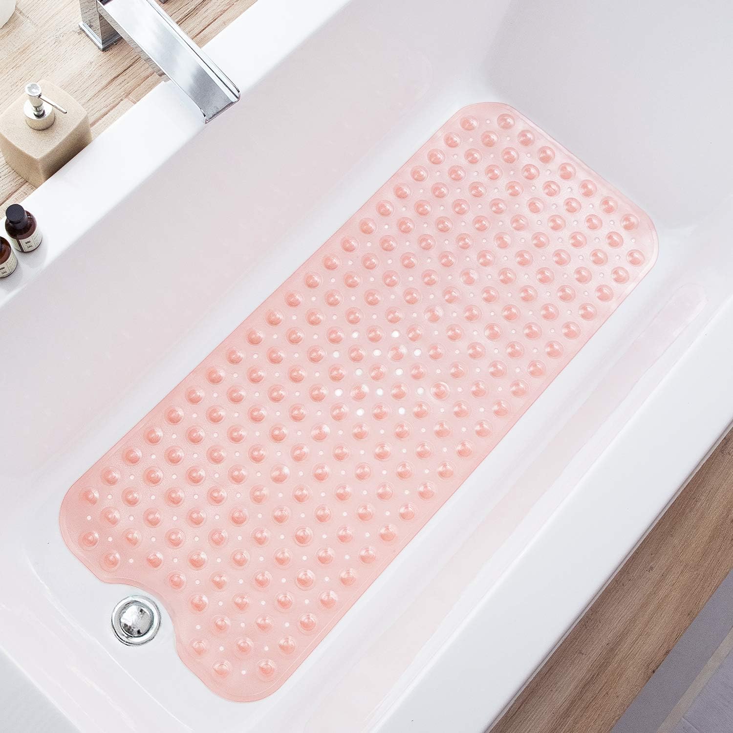 Eyrmat Non-Slip Bathtub Mat, Extra Long, with Drain Holes and Suction Cups, Machine Washable, Clear Grey, 39 x 16 Inches