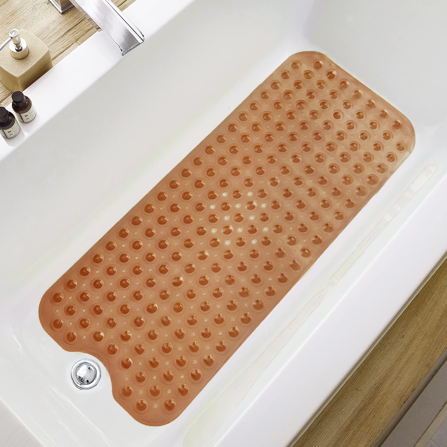 Eyrmat Non-Slip Bathtub Mat, Extra Long, with Drain Holes and Suction Cups, Machine Washable, Clear Grey, 39 x 16 Inches