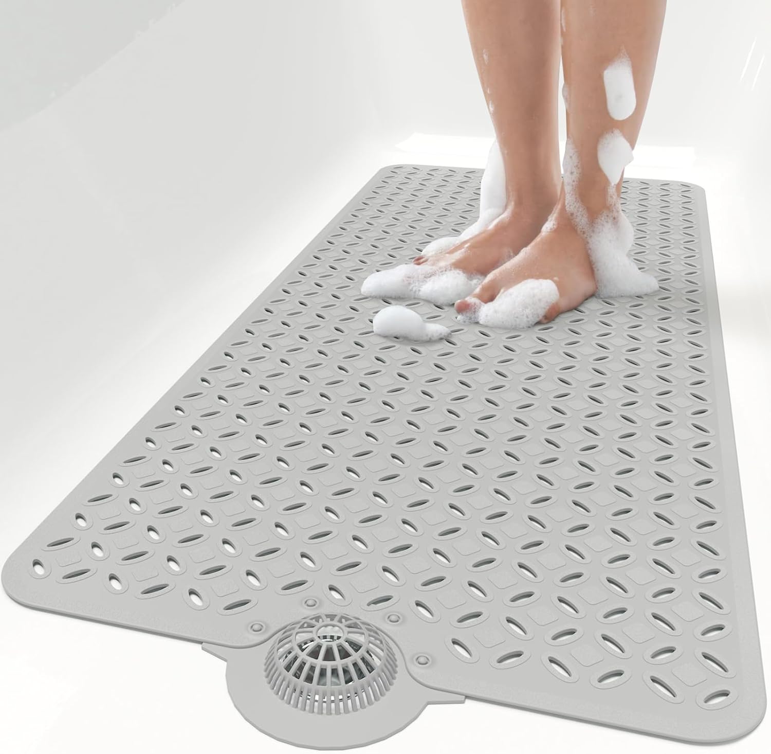Eyrmat Non-Slip Bathtub Mat, with Hair Catcher and Large Drain Holes, Machine Washable, Grey, 39 x 17 Inches