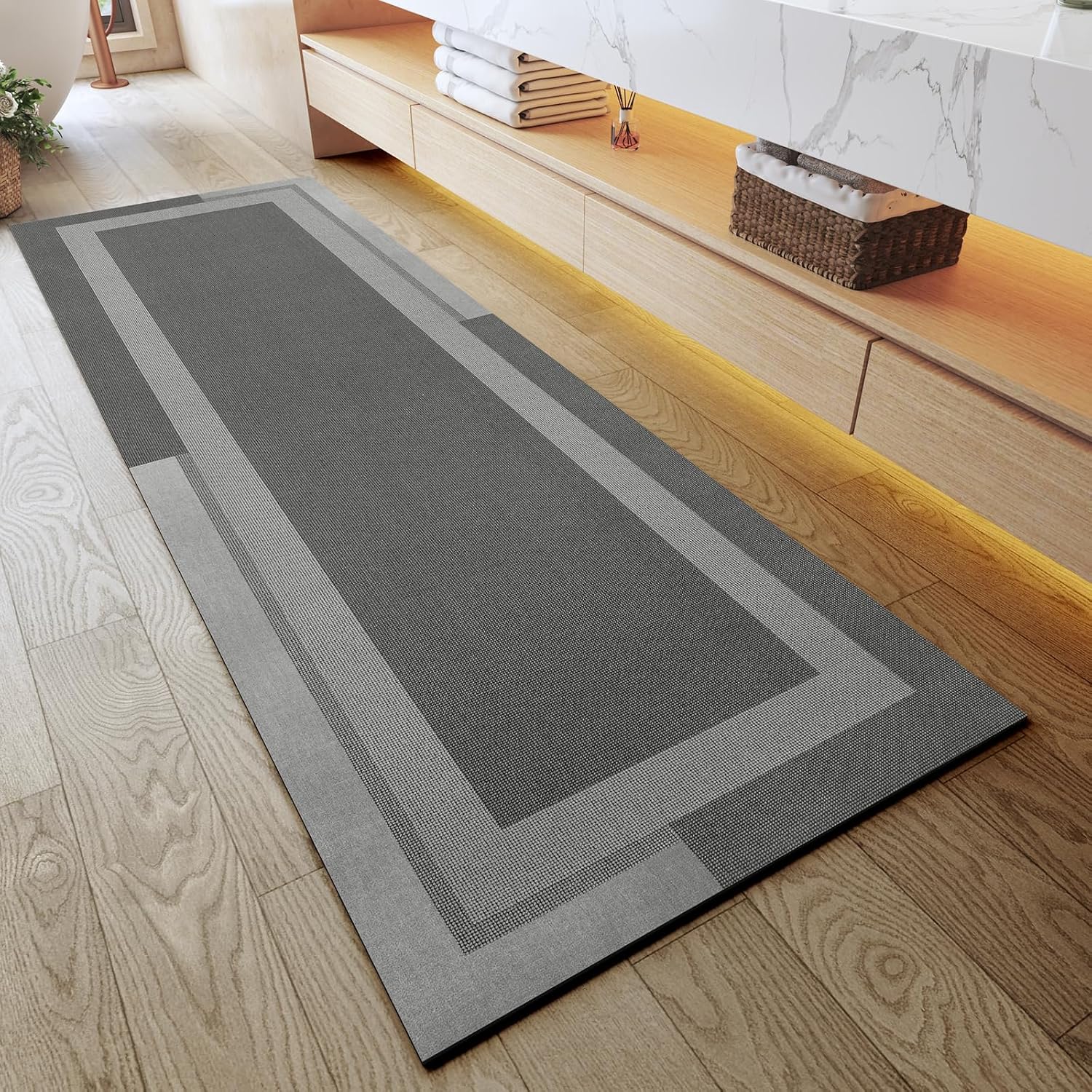 Eyrmat Non-Slip Bath Mat, Rubber Backing, Ultra Thin, Quick Dry, Absorbent, Washable, Gray, 16 x 24 Inches