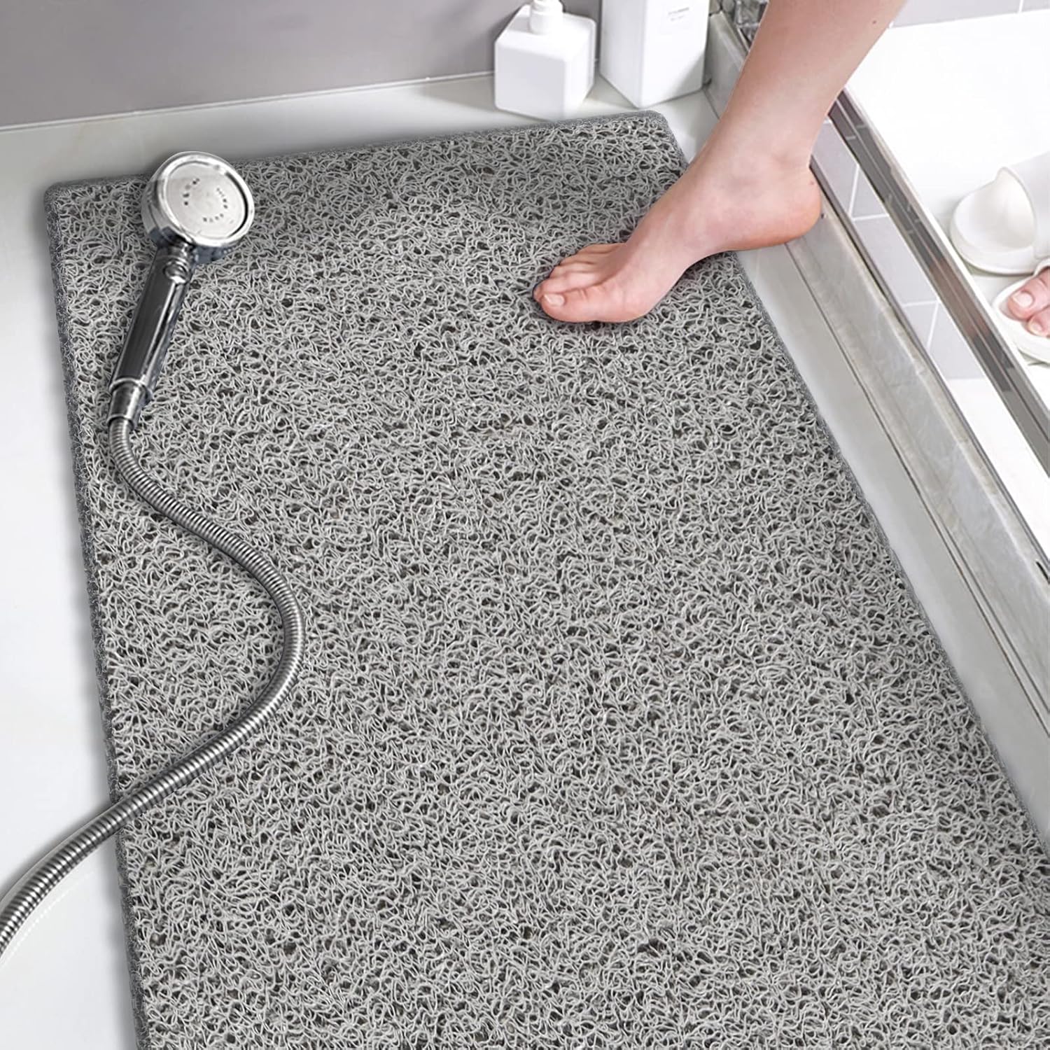 Eyrmat Non-Slip Shower Mat, No Suction Cups, PVC Loofah Material, Quick Drying, Grey, 15.7 x 36 Inches