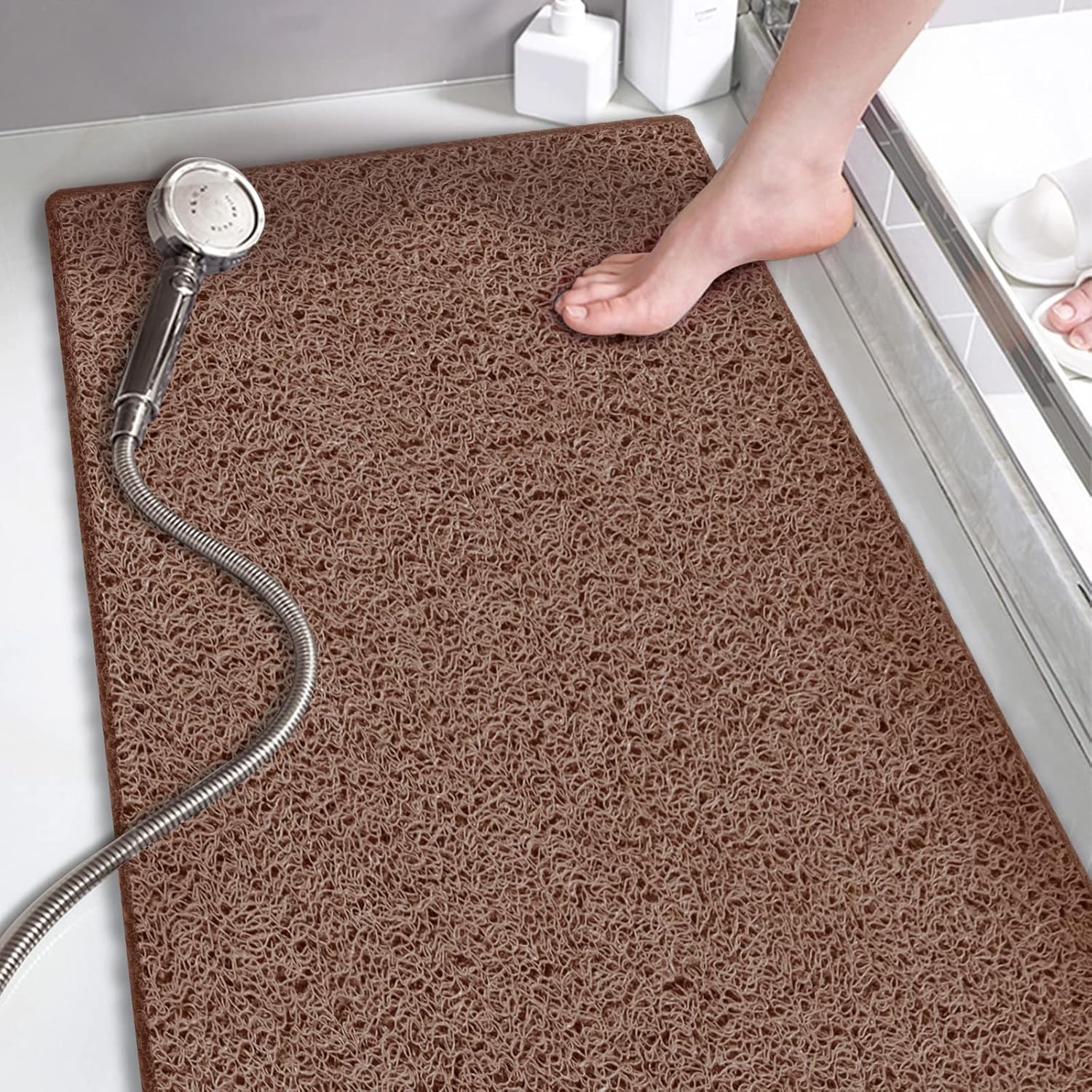 Eyrmat Non-Slip Shower Mat, No Suction Cups, PVC Loofah Material, Quick Drying, Grey, 15.7 x 36 Inches
