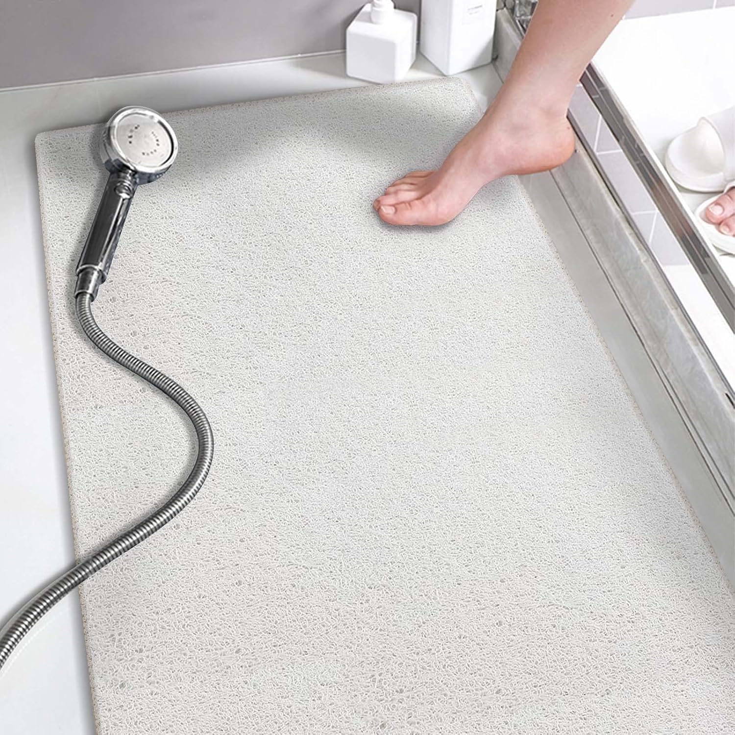 Eyrmat Non-Slip Shower Mat, No Suction Cups, PVC Loofah Material, Quick Drying, Grey, 15.7 x 36 Inches