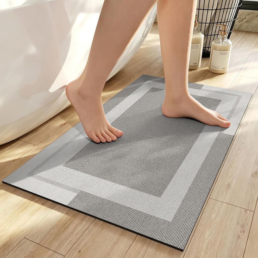 Eyrmat Non-Slip Bath Mat, Rubber Backing, Ultra Thin, Quick Dry, Absorbent, Washable, Gray, 16 x 24 Inches