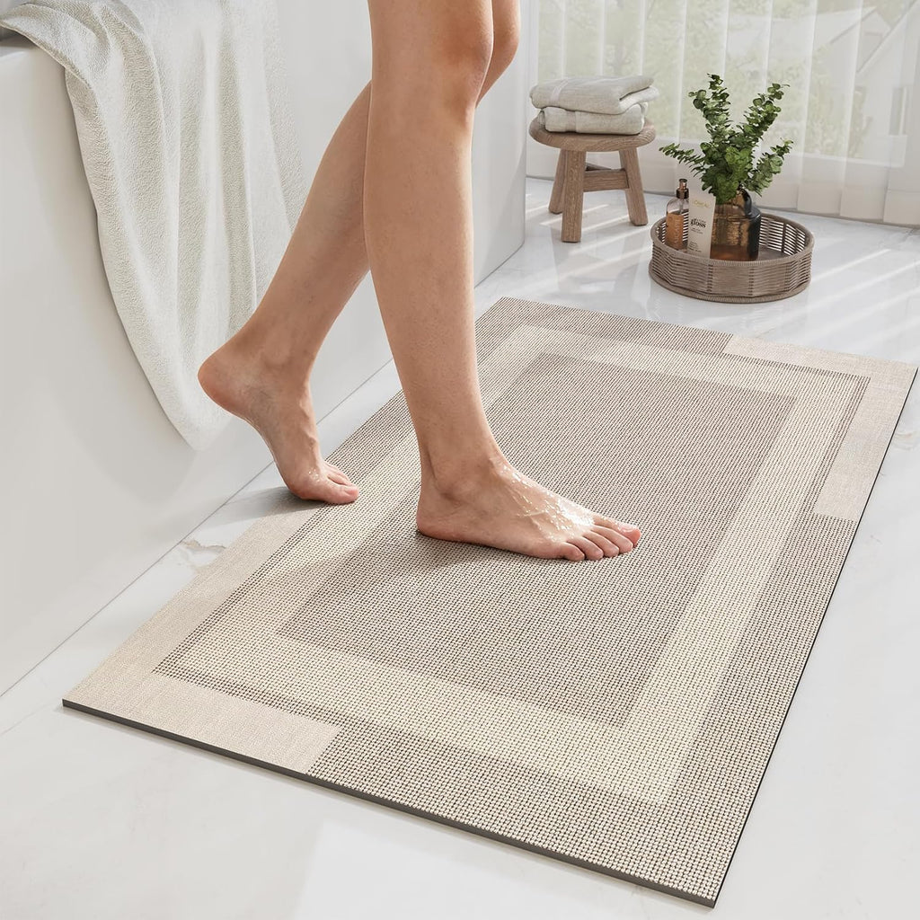 Eyrmat Non-Slip Bath Mat, Rubber Backing, Ultra Thin, Quick Dry, Absorbent, Washable, Gray, 16 x 24 Inches