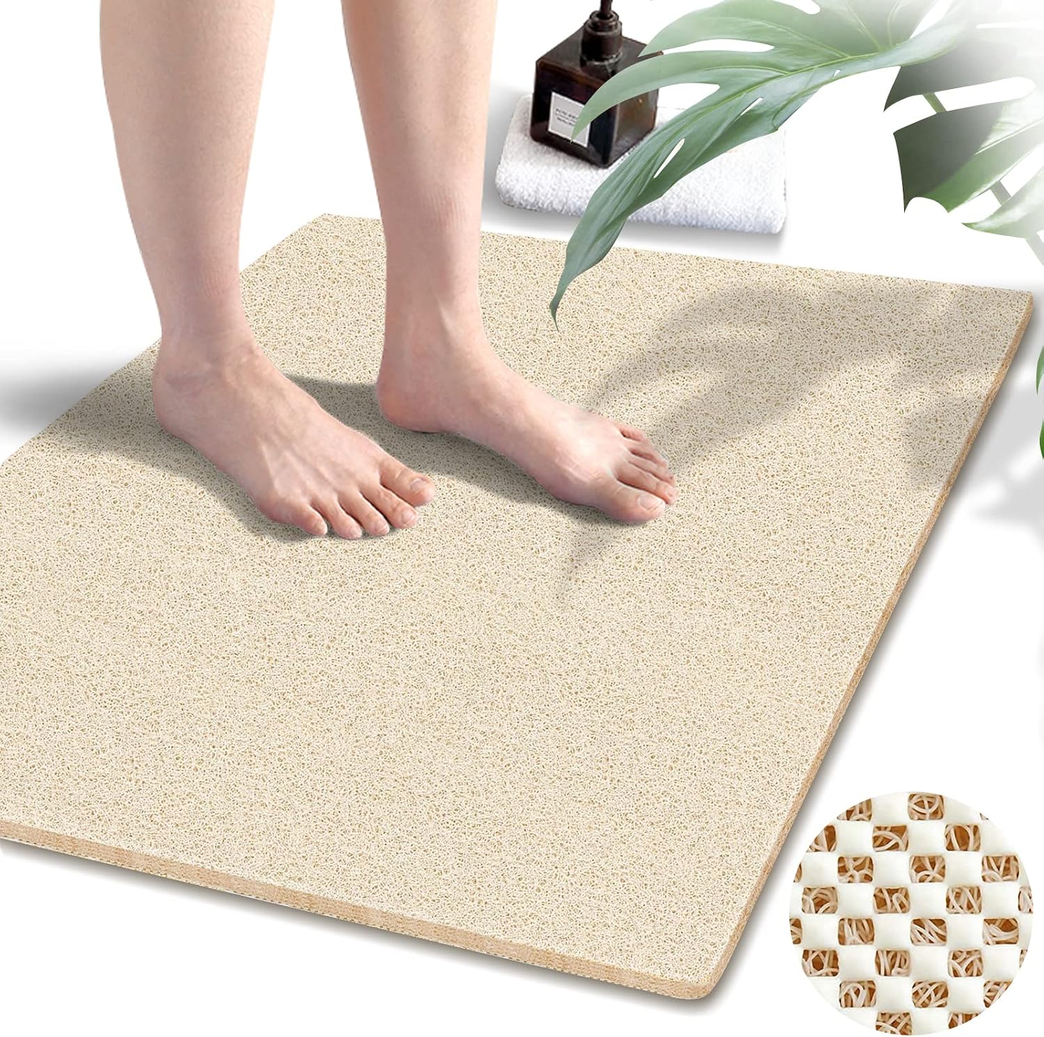 Eyrmat Non-Slip Shower Mat, No Suction Cups, PVC Loofah Material, Quick Drying, Grey, 15.7 x 36 Inches
