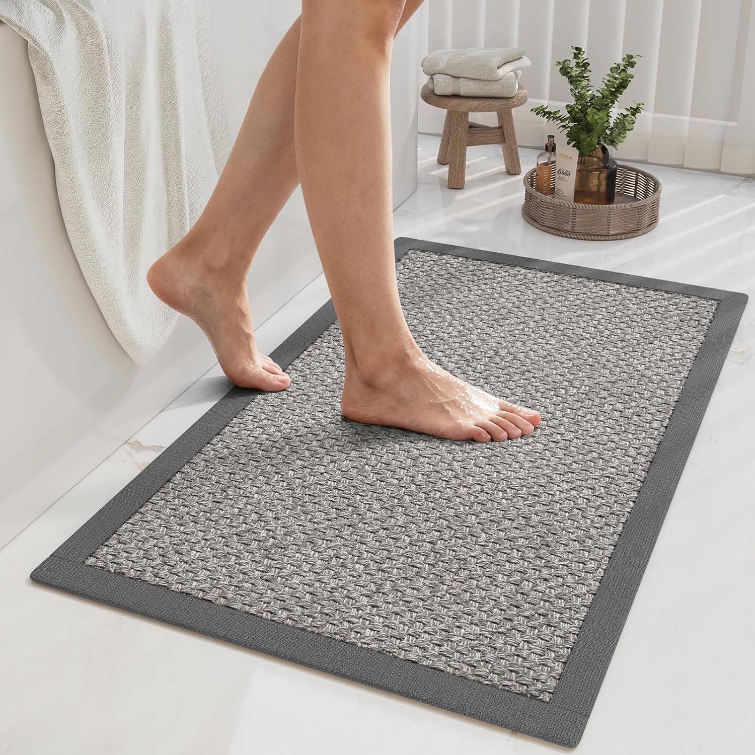Eyrmat Non-Slip Bath Mat, Rubber Backing, Ultra Thin, Quick Dry, Absorbent, Washable, Gray, 16 x 24 Inches