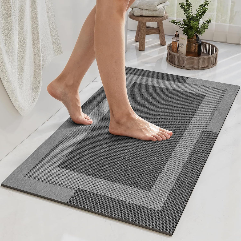 Eyrmat Non-Slip Bath Mat, Rubber Backing, Ultra Thin, Quick Dry, Absorbent, Washable, Gray, 16 x 24 Inches