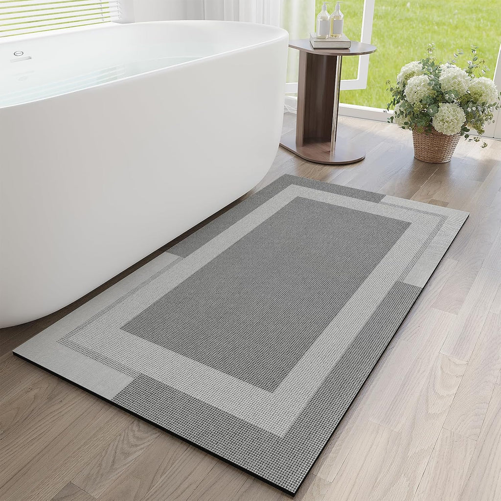 Eyrmat Non-Slip Bath Mat, Rubber Backing, Ultra Thin, Quick Dry, Absorbent, Washable, Gray, 16 x 24 Inches