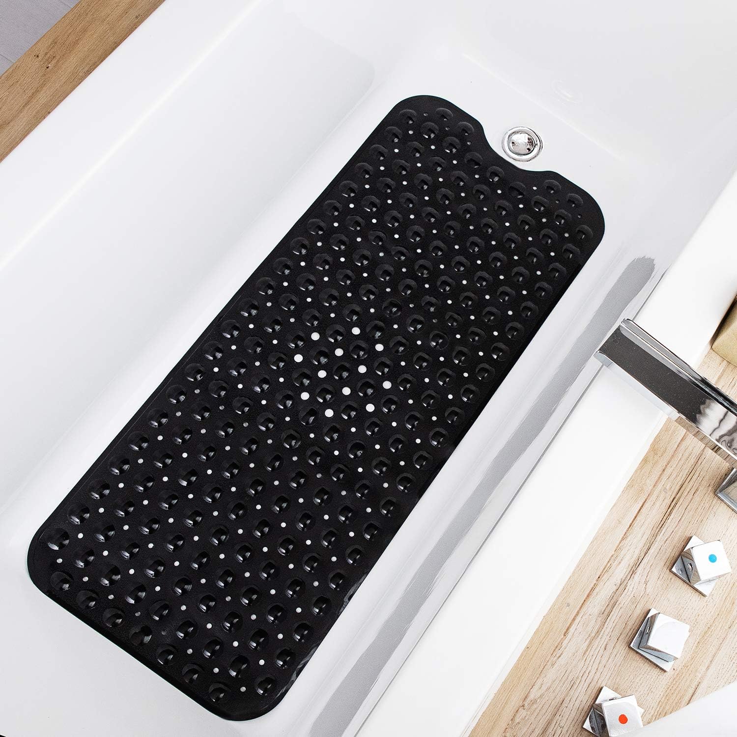 Eyrmat Non-Slip Bathtub Mat, Extra Long, with Drain Holes and Suction Cups, Machine Washable, Clear Grey, 39 x 16 Inches
