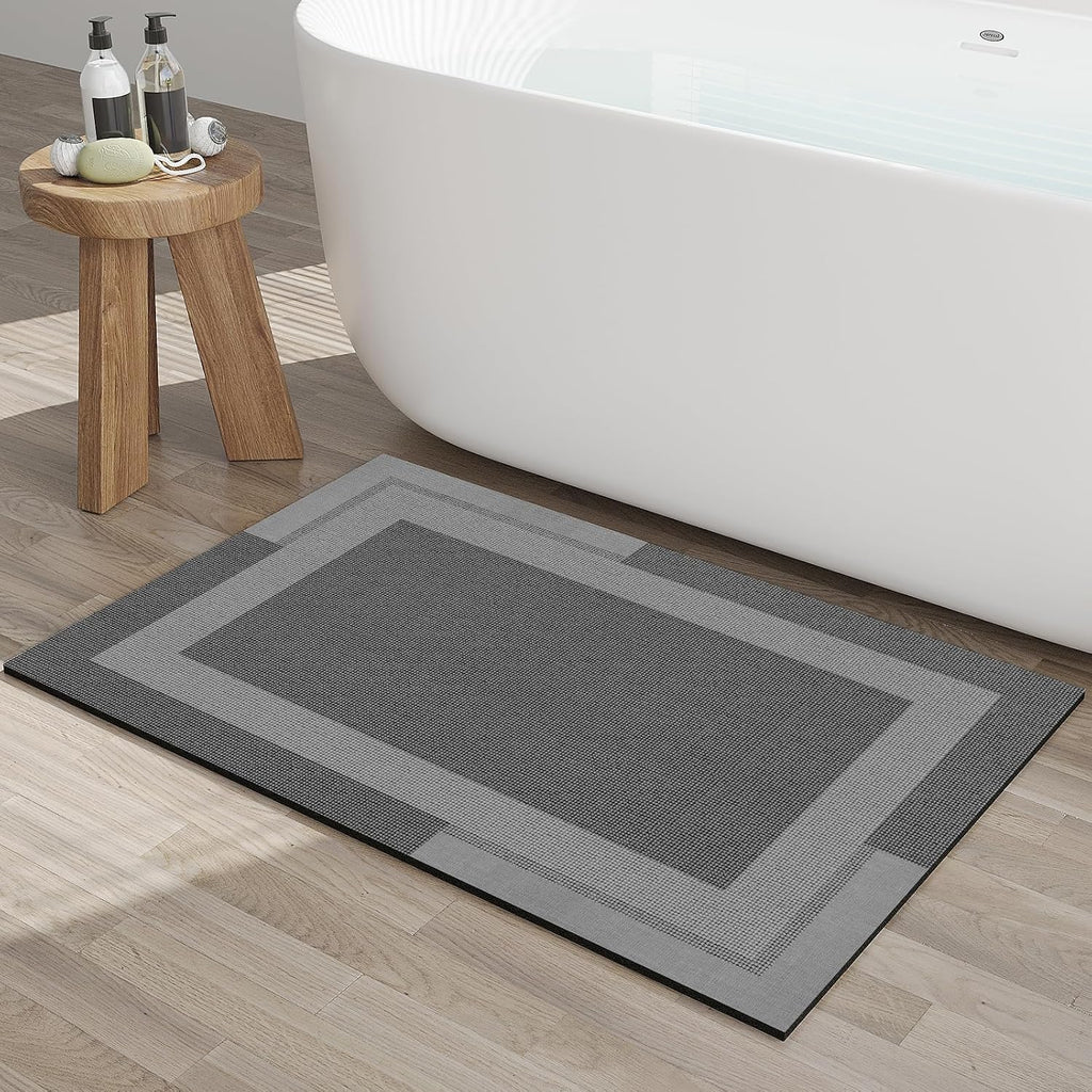 Eyrmat Non-Slip Bath Mat, Rubber Backing, Ultra Thin, Quick Dry, Absorbent, Washable, Gray, 16 x 24 Inches