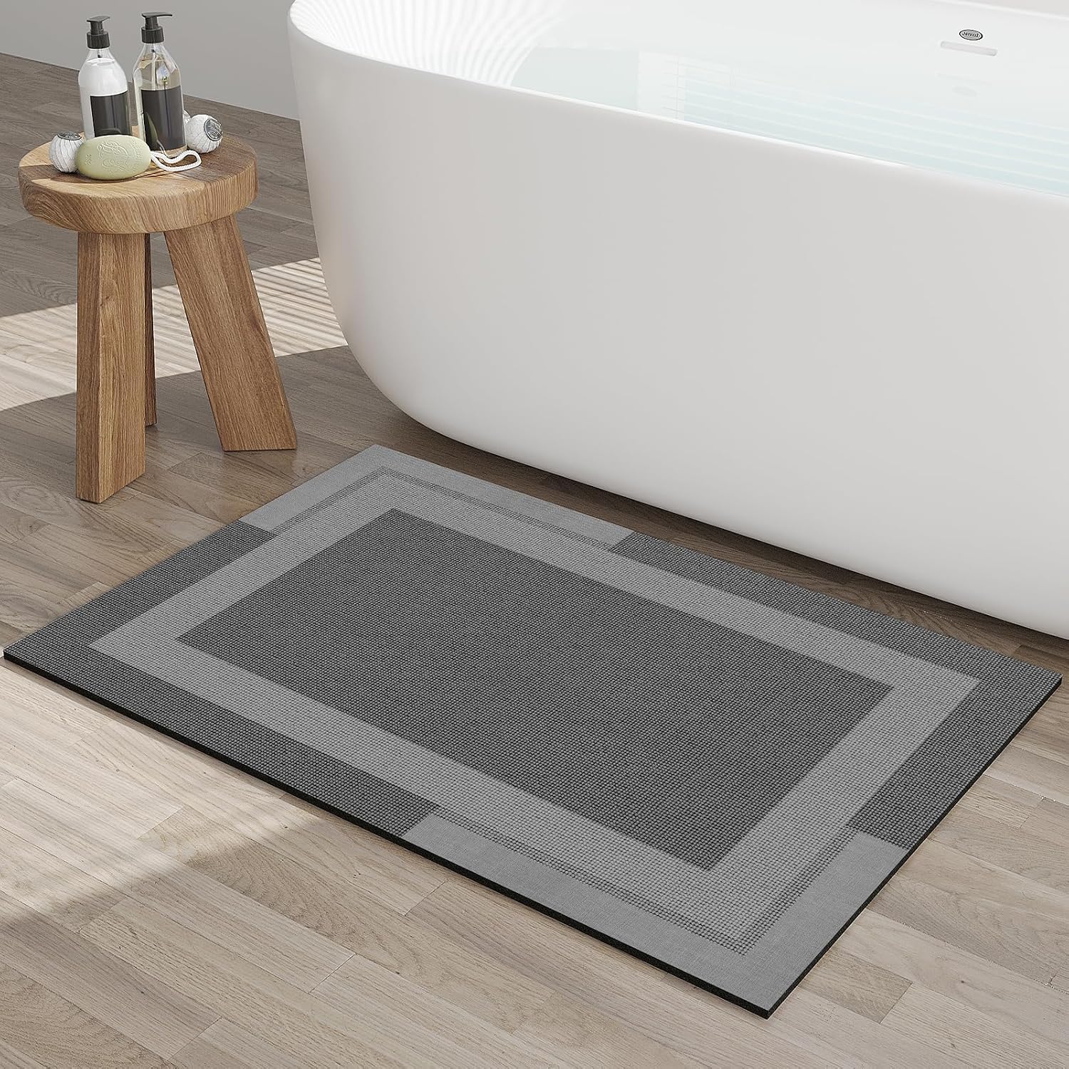 Eyrmat Non-Slip Bath Mat, Rubber Backing, Ultra Thin, Quick Dry, Absorbent, Washable, Gray, 16 x 24 Inches