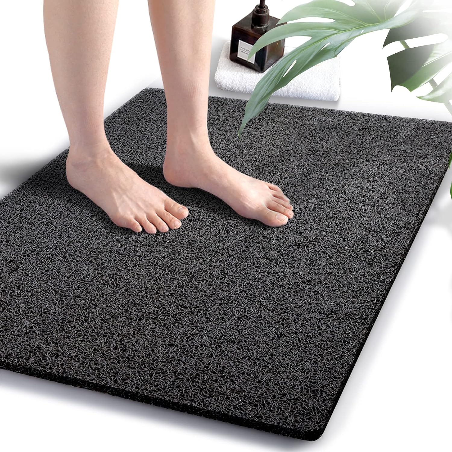 Eyrmat Non-Slip Shower Mat, No Suction Cups, PVC Loofah Material, Quick Drying, Grey, 15.7 x 36 Inches