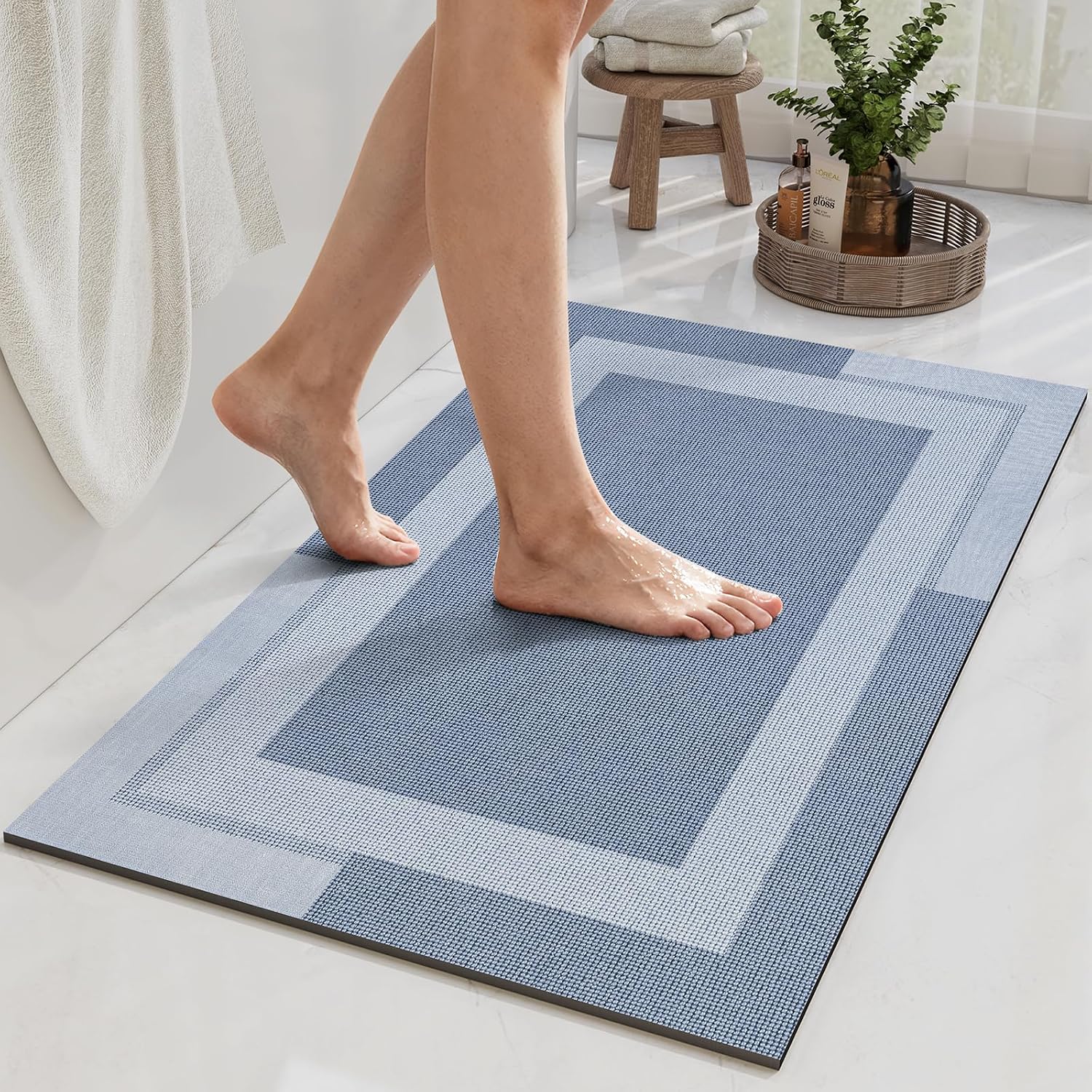 Eyrmat Non-Slip Bath Mat, Rubber Backing, Ultra Thin, Quick Dry, Absorbent, Washable, Gray, 16 x 24 Inches