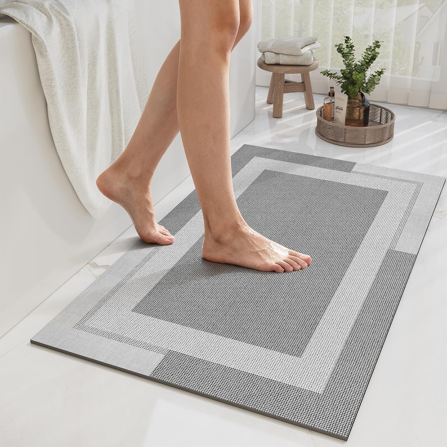 Eyrmat Non-Slip Bath Mat, Rubber Backing, Ultra Thin, Quick Dry, Absorbent, Washable, Gray, 16 x 24 Inches