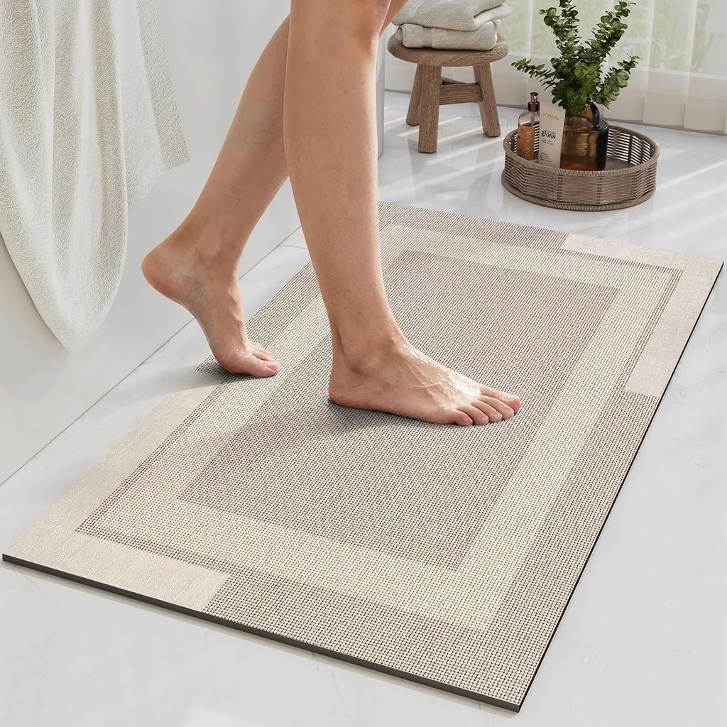 Eyrmat Non-Slip Bath Mat, Rubber Backing, Ultra Thin, Quick Dry, Absorbent, Washable, Gray, 16 x 24 Inches