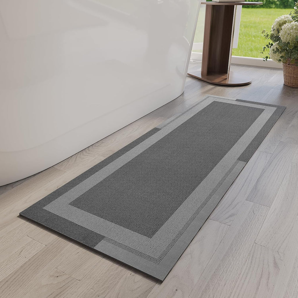 Eyrmat Non-Slip Bath Mat, Rubber Backing, Ultra Thin, Quick Dry, Absorbent, Washable, Gray, 16 x 24 Inches