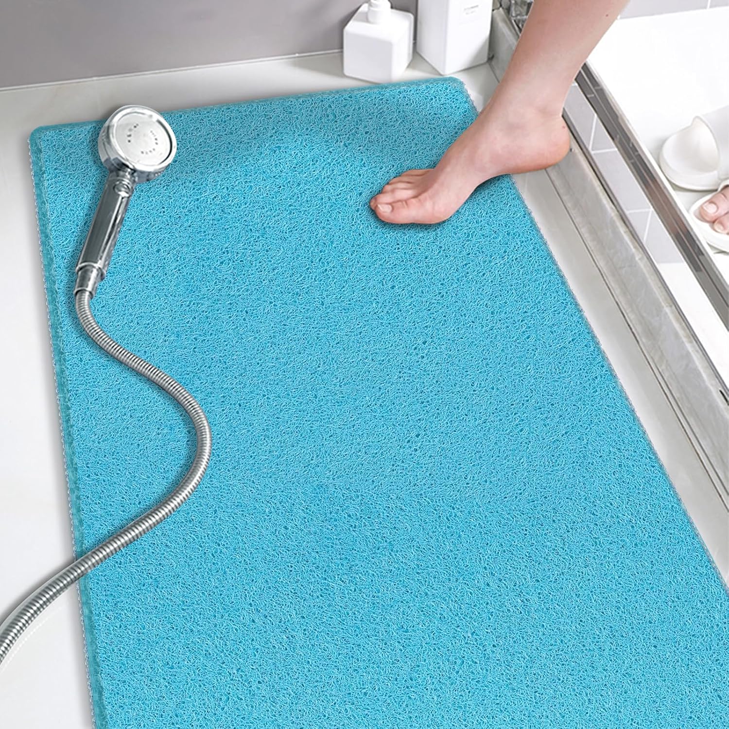 Eyrmat Non-Slip Shower Mat, No Suction Cups, PVC Loofah Material, Quick Drying, Grey, 15.7 x 36 Inches